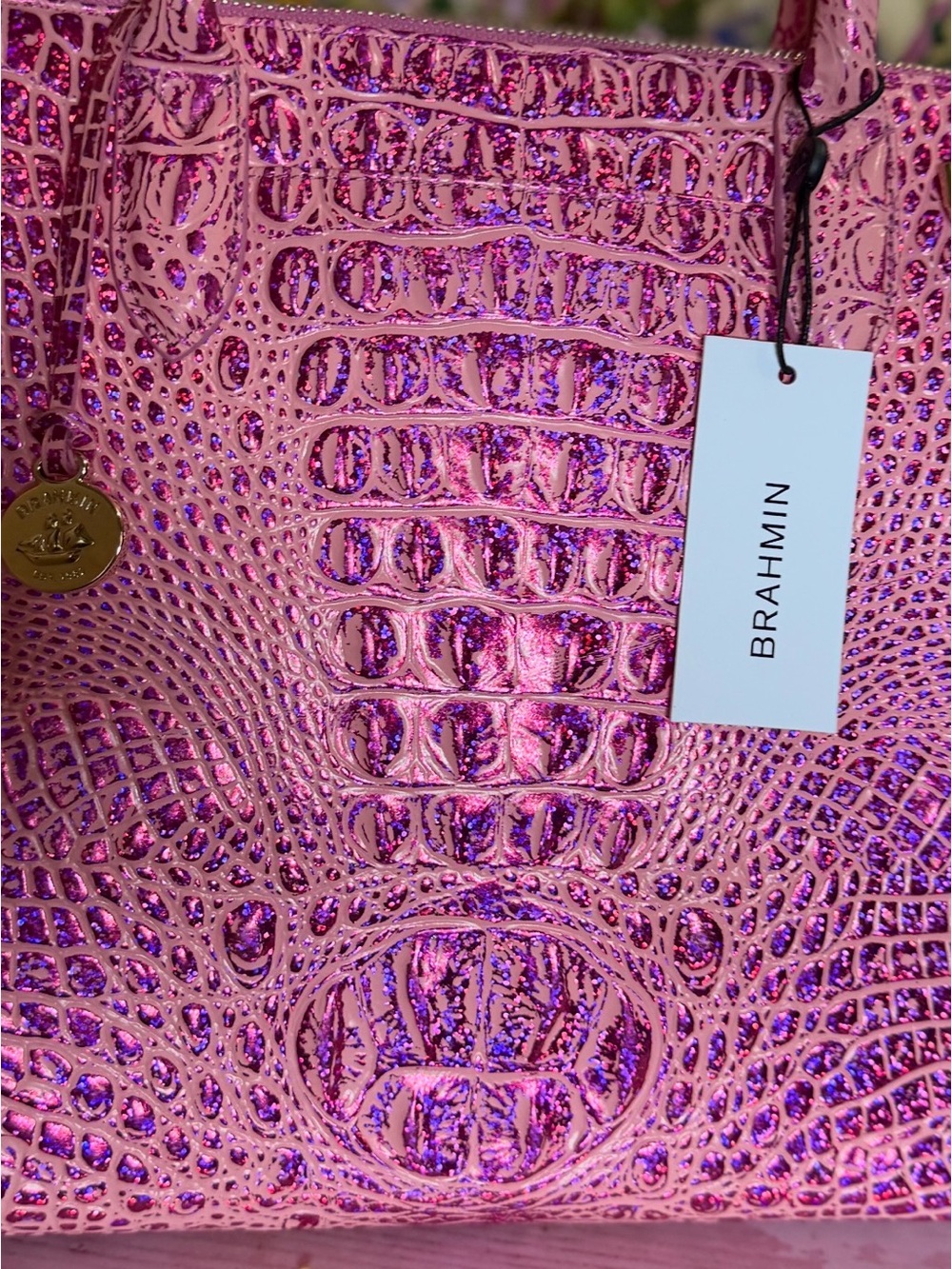 NWT Brahmin Caroline Empower Melbourne Leather Pink Purple sparkle FIRM $ 2 EYES - Picture 4 of 16